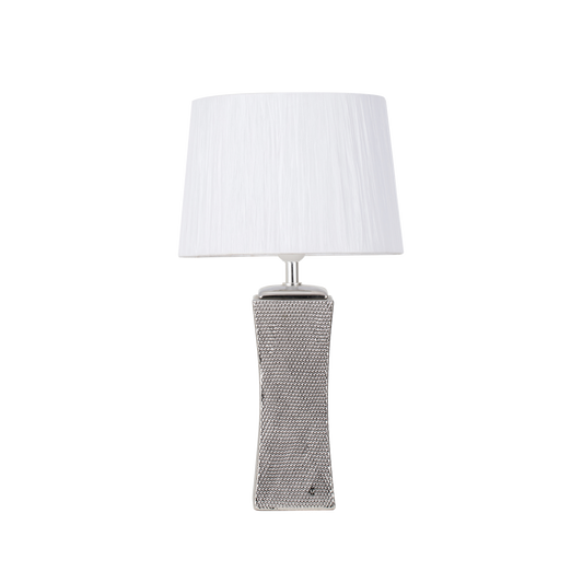 Sobremesa Palo Santo fabricado en cerámica color plata con pantalla textil blanca