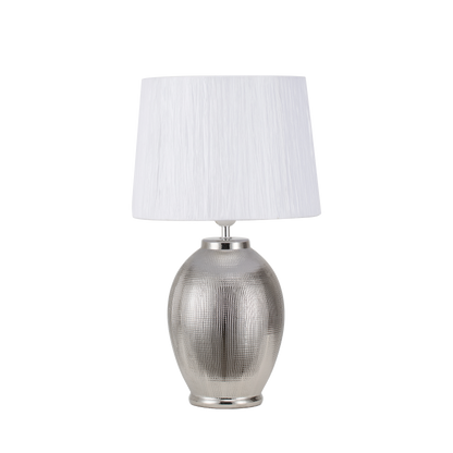 Sobremesa de cerámica Saima en plata brillo con pantalla blanca, diseño elegante para decoración de interiores.