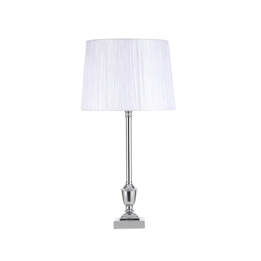 Sobremesa Roble fabricada en metal color cromo con pantalla blanca de bambula