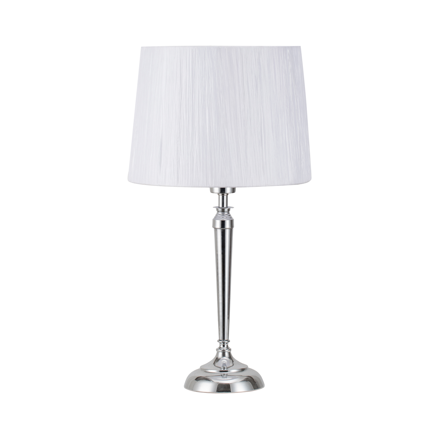 Lámpara Álamo fabricada en metal color cromo con pantalla textil blanca