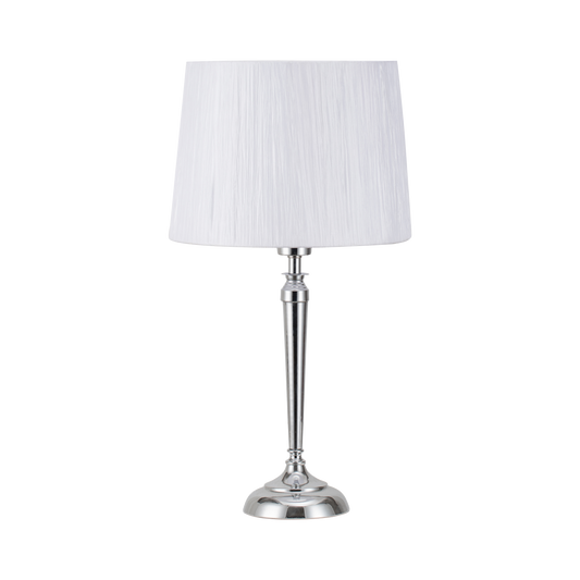 Lámpara Álamo fabricada en metal color cromo con pantalla textil blanca