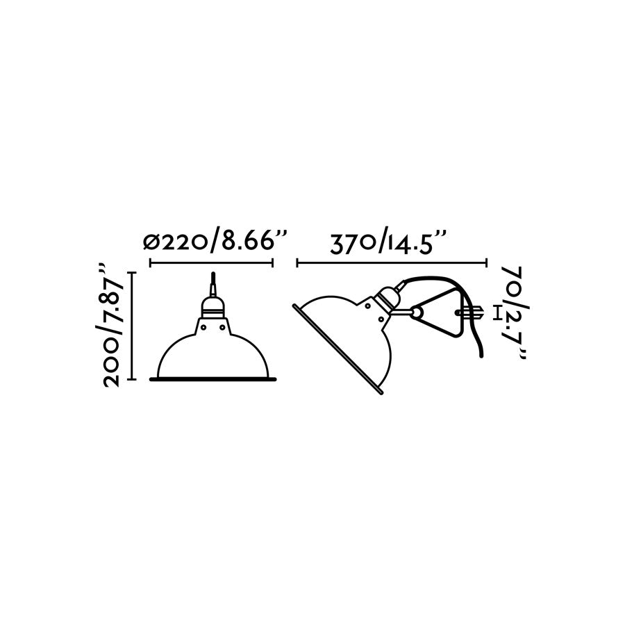 Plano con medidas de Lámpara de Pinza PEPPER Negro Mate E27 Industrial FARO