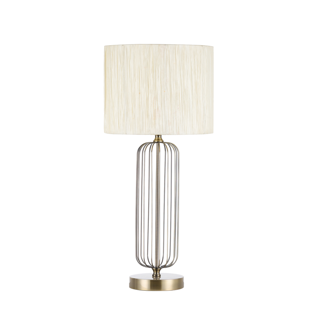 Sobremesa Mansonia fabricada en metal color cuero con pantalla textil beige