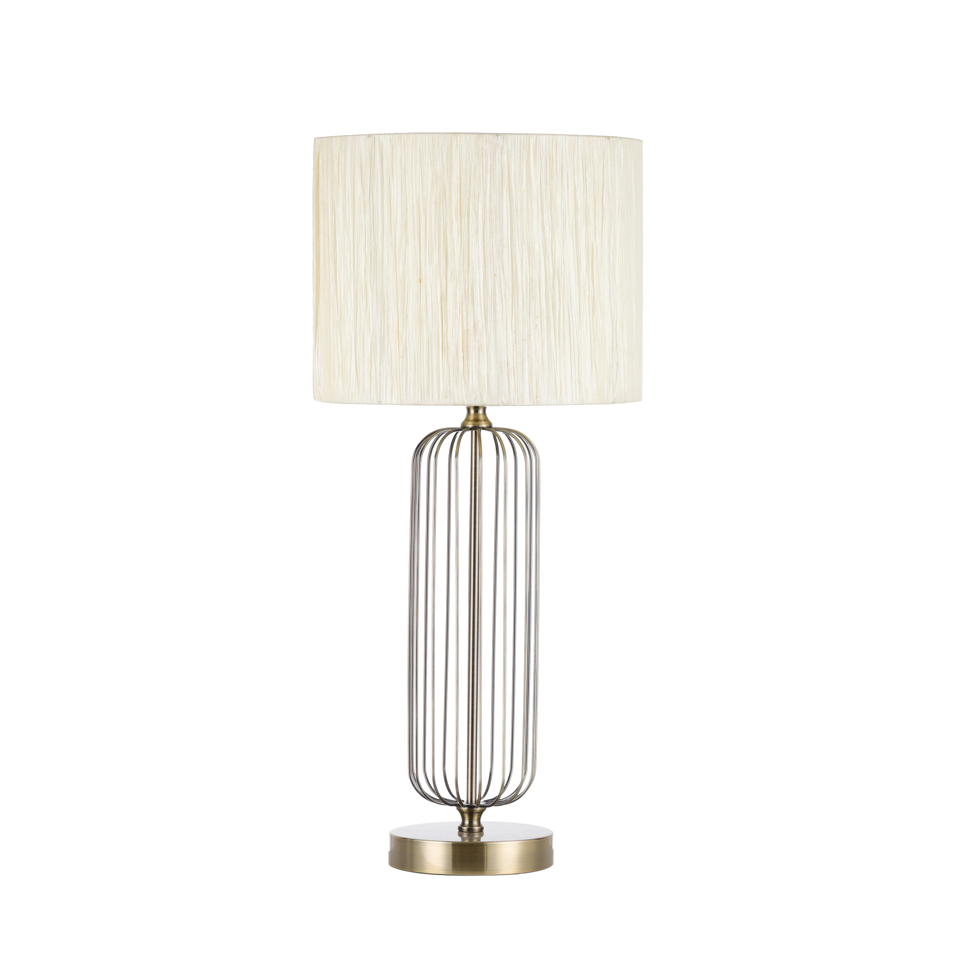 Sobremesa Mansonia fabricada en metal color cuero con pantalla textil beige