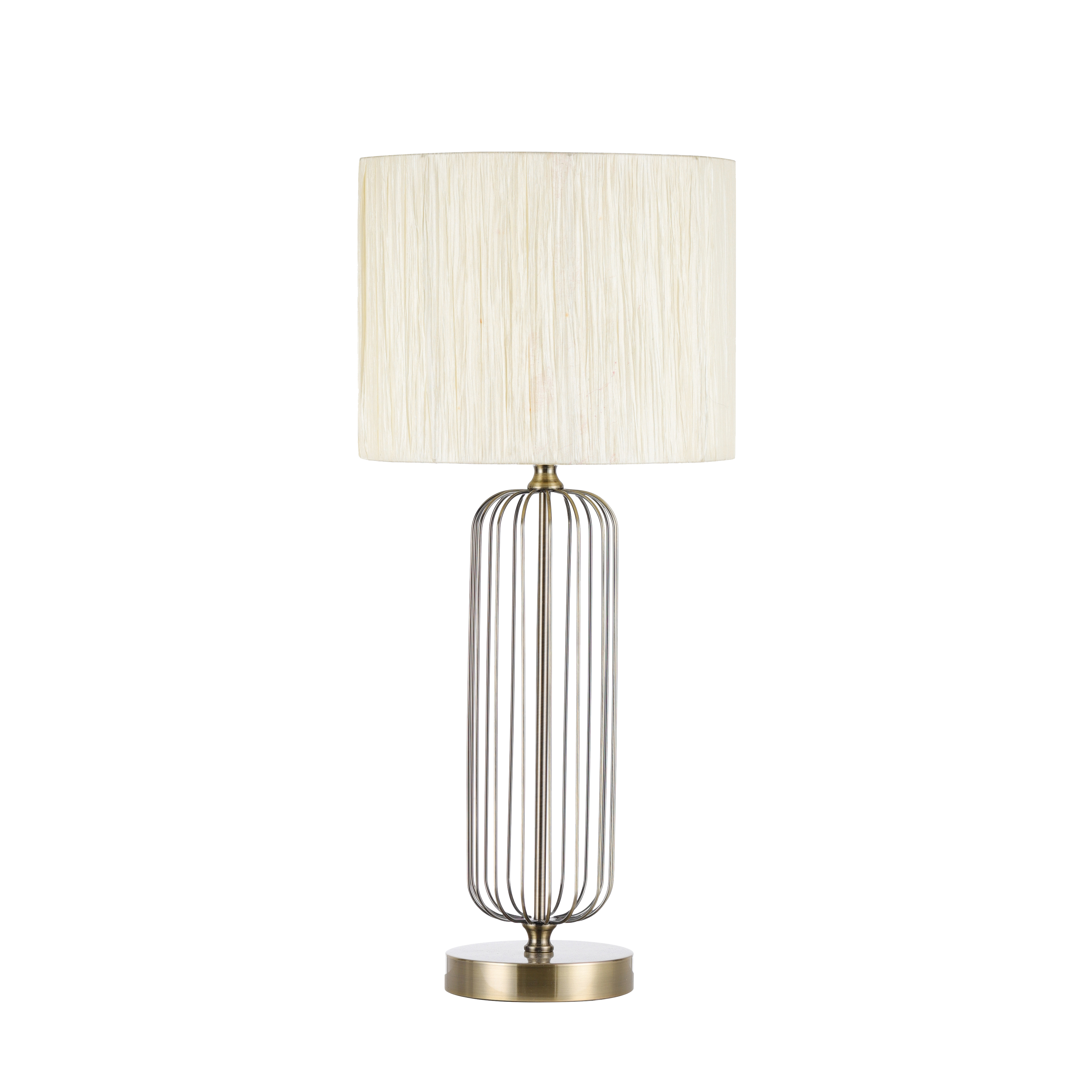 Sobremesa Mansonia fabricada en metal color cuero con pantalla textil beige