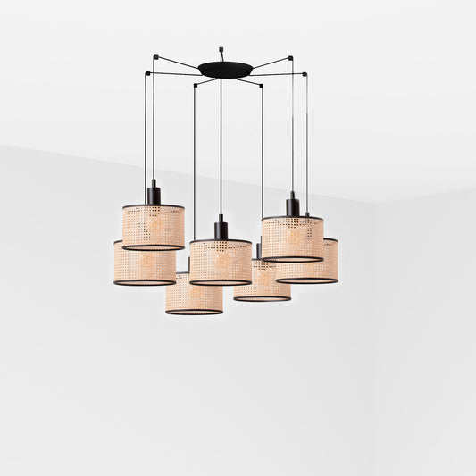 Lámpara Colgante MAMBO 7 Luces Negro y Ratán FARO - vista principal | FARO