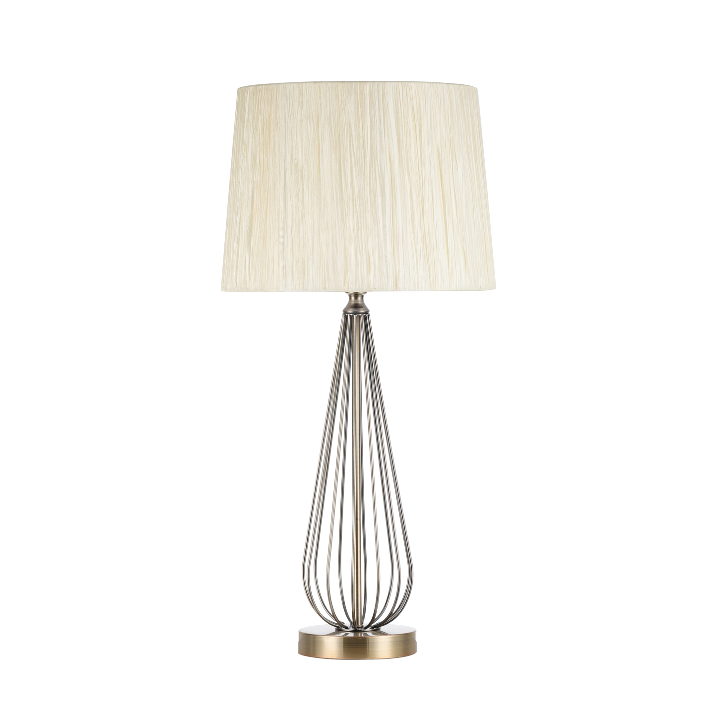 Sobremesa Robina fabricada en metal color cuero con pantalla textil beis, iluminación acogedora