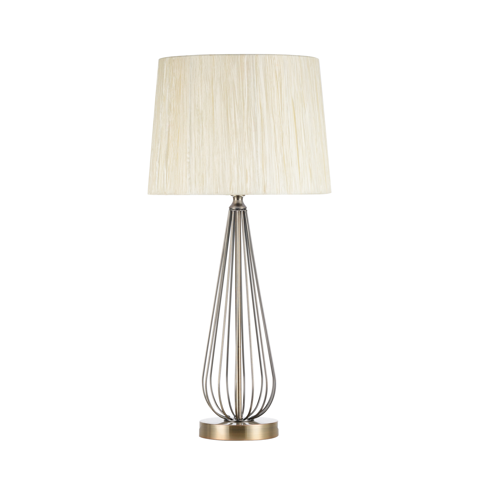 Sobremesa Robina fabricada en metal color cuero con pantalla textil beis, iluminación acogedora