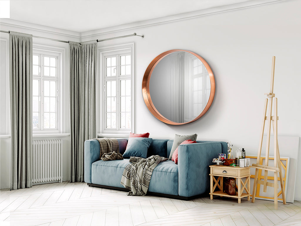 Ambiente de Espejo Redondo de pared Mia de Schuller (Mia) con marco artesanal en Pan de Oro Rosa - Ref 646253.

