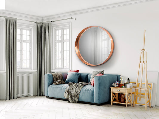 Ambiente de Espejo Redondo de pared Mia de Schuller (Mia) con marco artesanal en Pan de Oro Rosa - Ref 646253.

