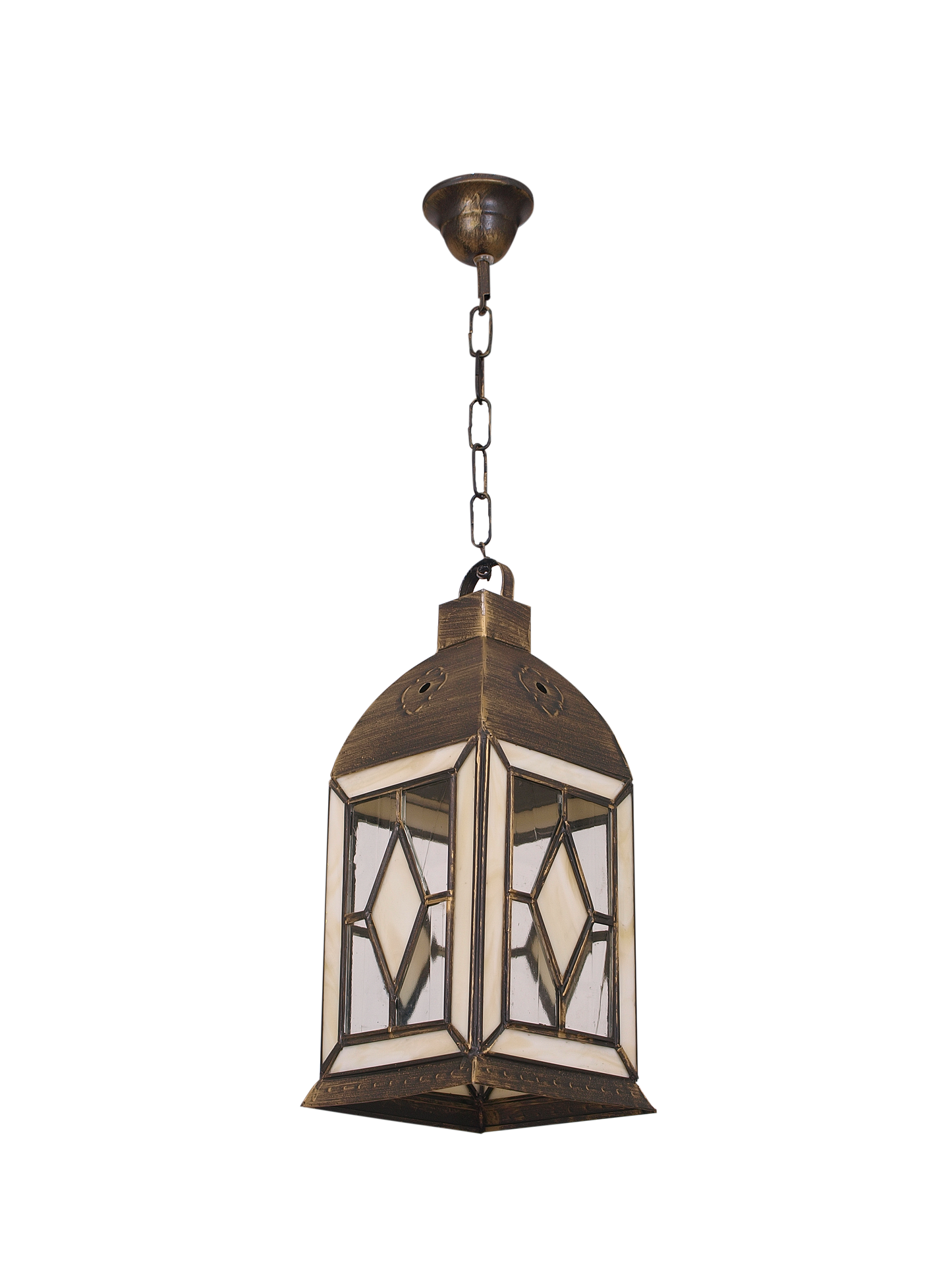 Farol Califa fabricado en Metal color Oro Viejo con detalles en Cristal Beis