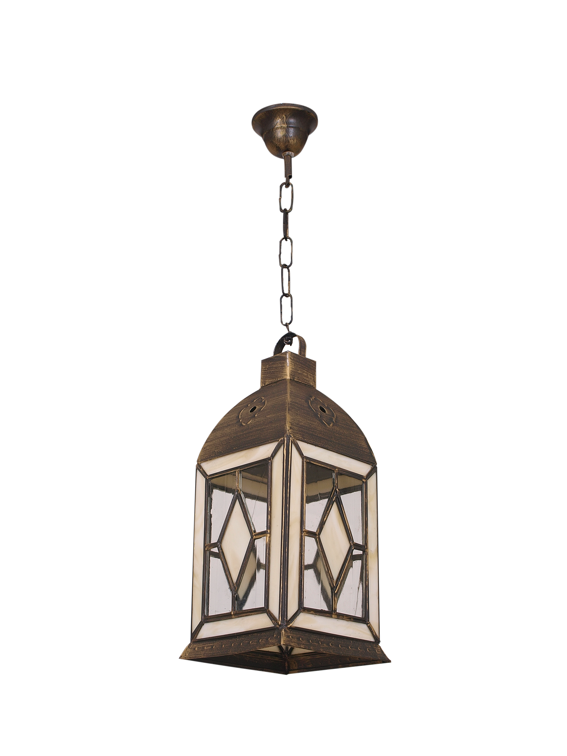Farol Califa fabricado en Metal color Oro Viejo con detalles en Cristal Beis