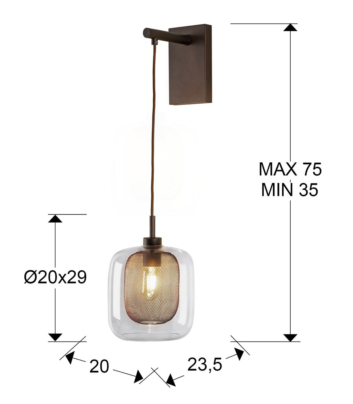 Plano con medidas de Aplique de Pared Fox 1 Luz Regulable en Altura Chocolate Schuller