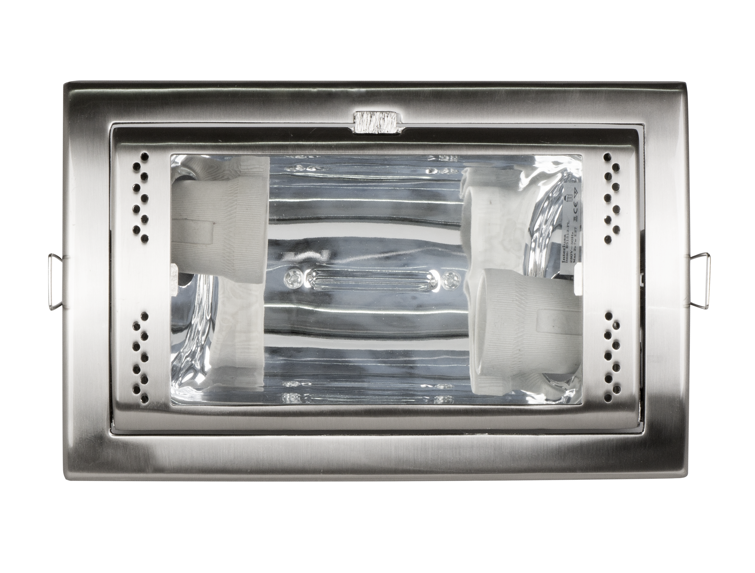 Downlight Rectangular Níquel 2xE27 de Fabrilamp, vista frontal.