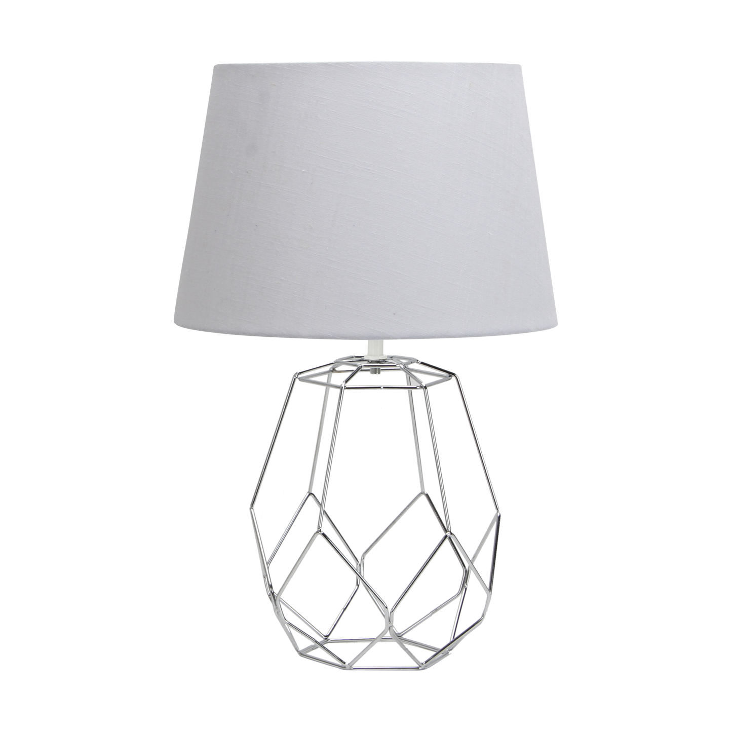 Sobremesa Labeo fabricada en metal color cromo con pantalla textil blanca