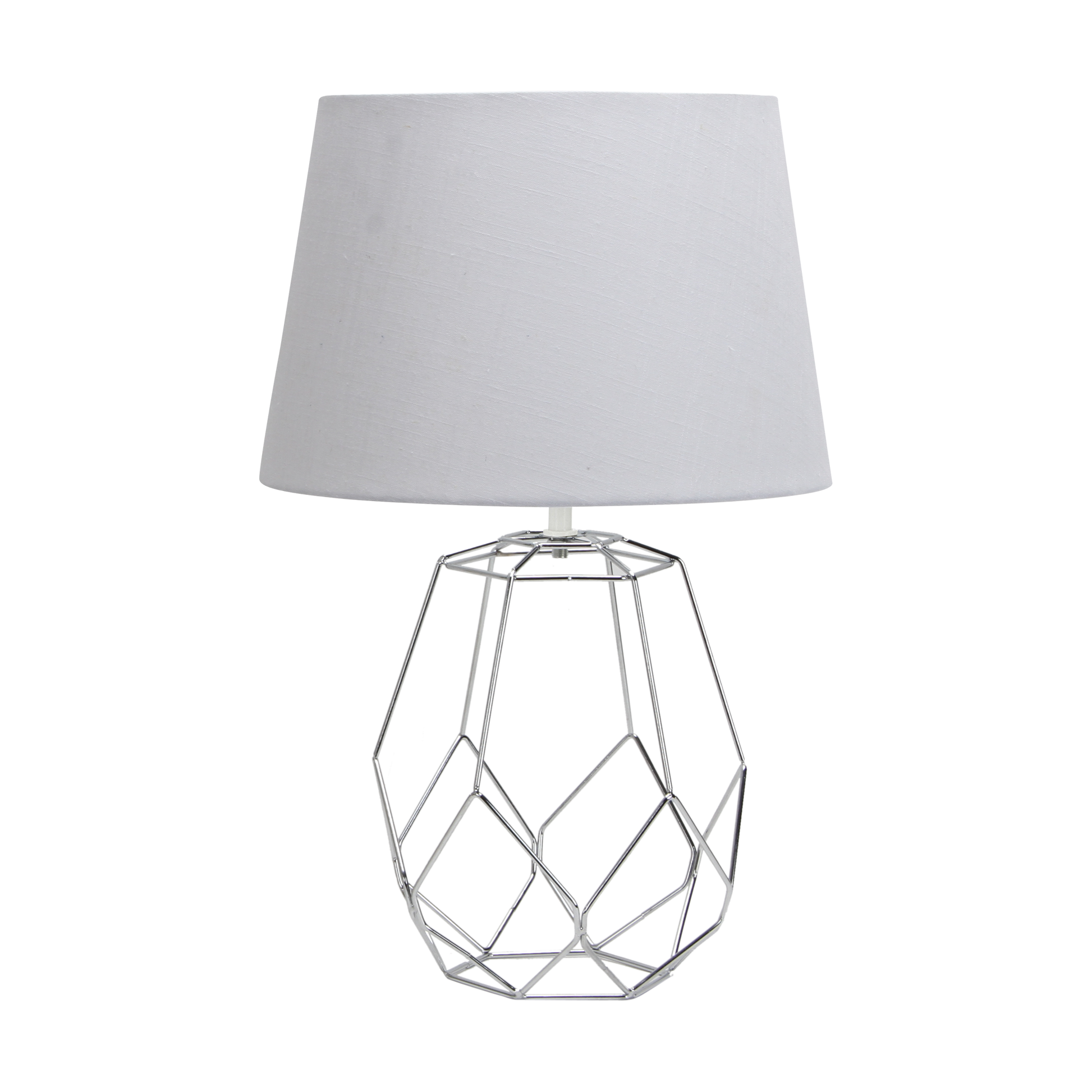 Sobremesa Labeo fabricada en metal color cromo con pantalla textil blanca