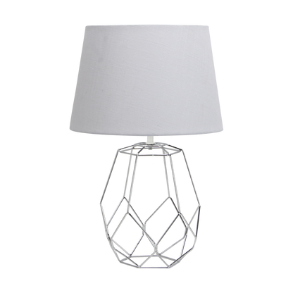 Sobremesa Labeo fabricada en metal color cromo con pantalla textil blanca