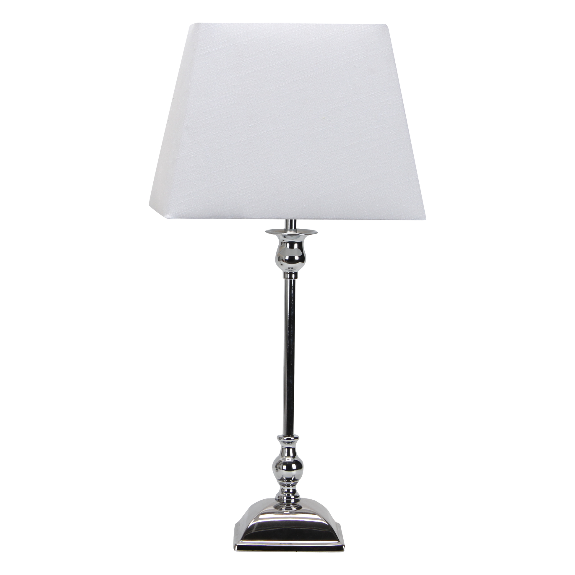 Lámpara Percasol fabricada en metal y cerámica color cromo con pantalla blanca