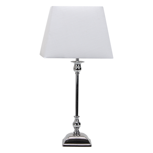 Lámpara Percasol fabricada en metal y cerámica color cromo con pantalla blanca