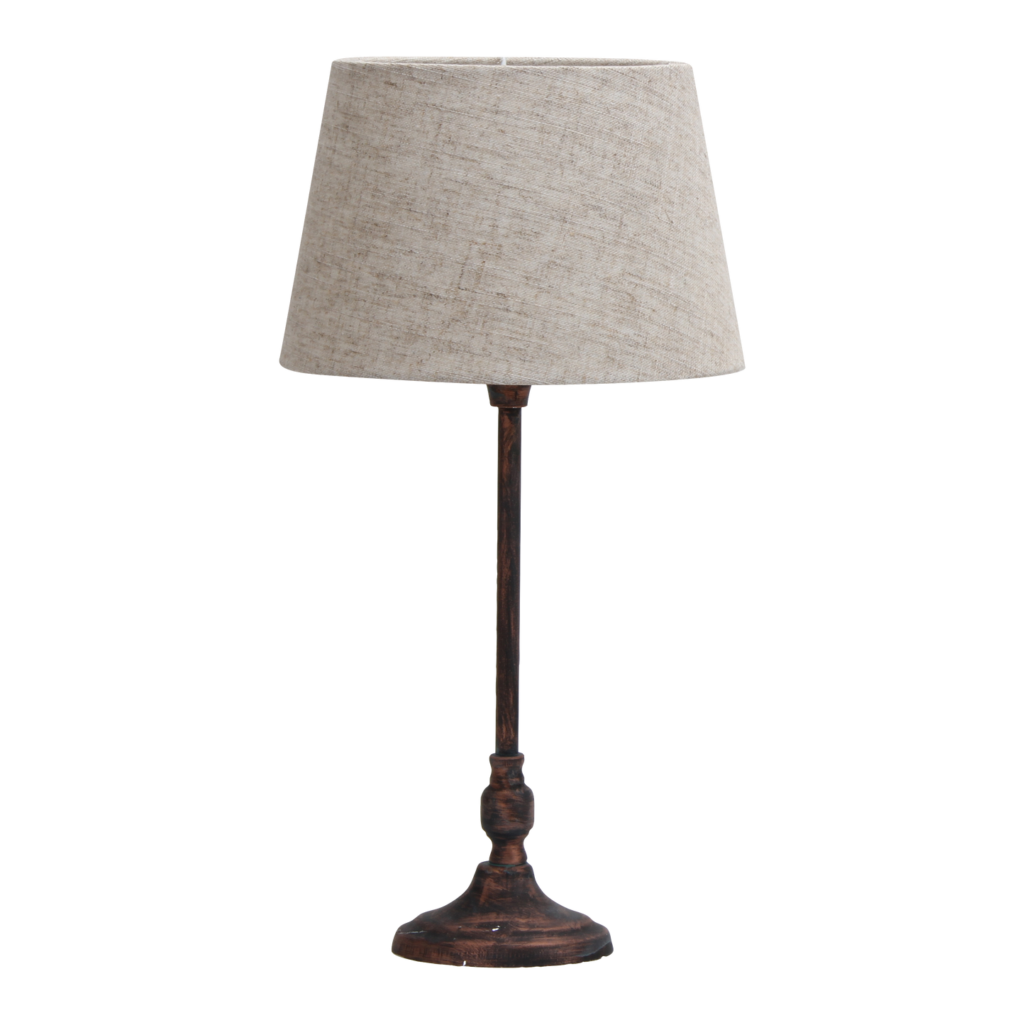 Lámpara Rasbora fabricada en metal marrón con pantalla textil beige, ideal para salón