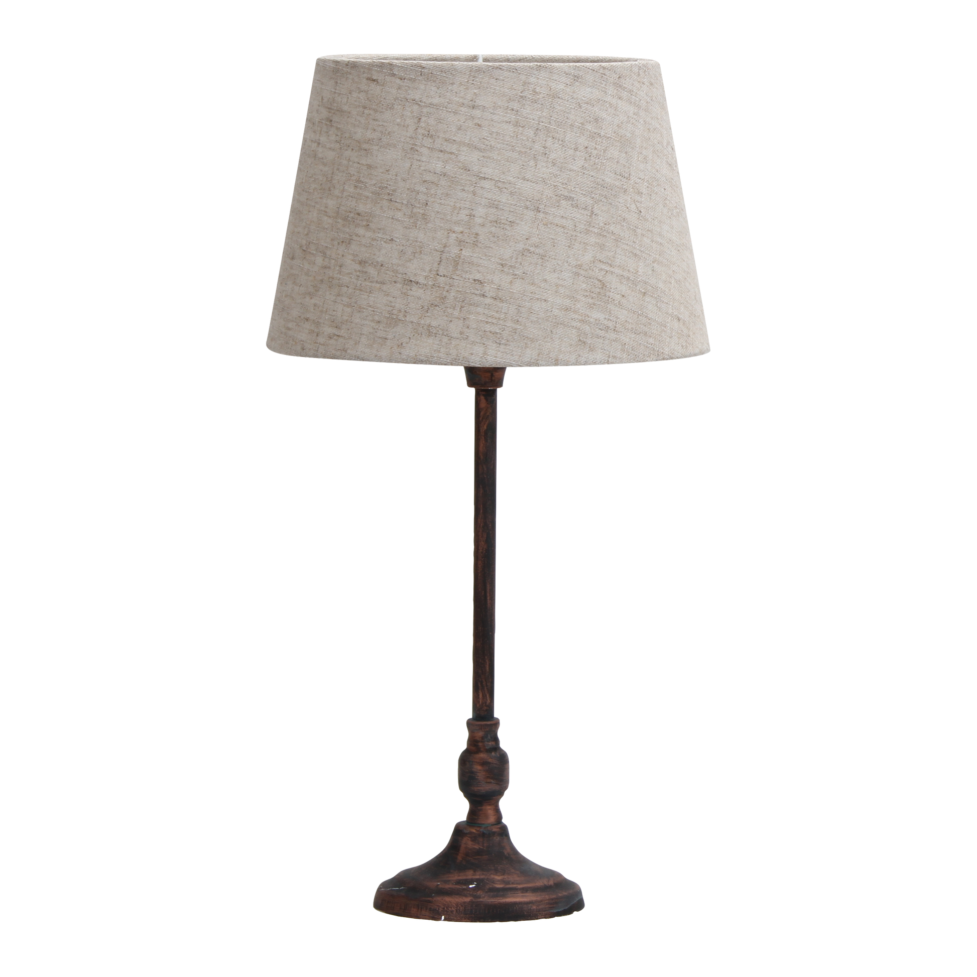 Lámpara Rasbora fabricada en metal marrón con pantalla textil beige, ideal para salón