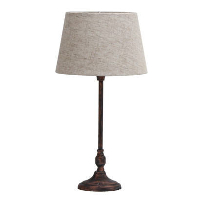 Lámpara Rasbora fabricada en metal marrón con pantalla textil beige, ideal para salón