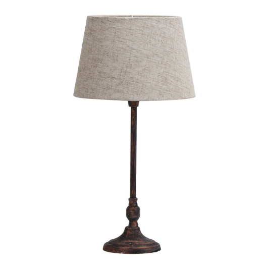 Lámpara Rasbora fabricada en metal marrón con pantalla textil beige, ideal para salón