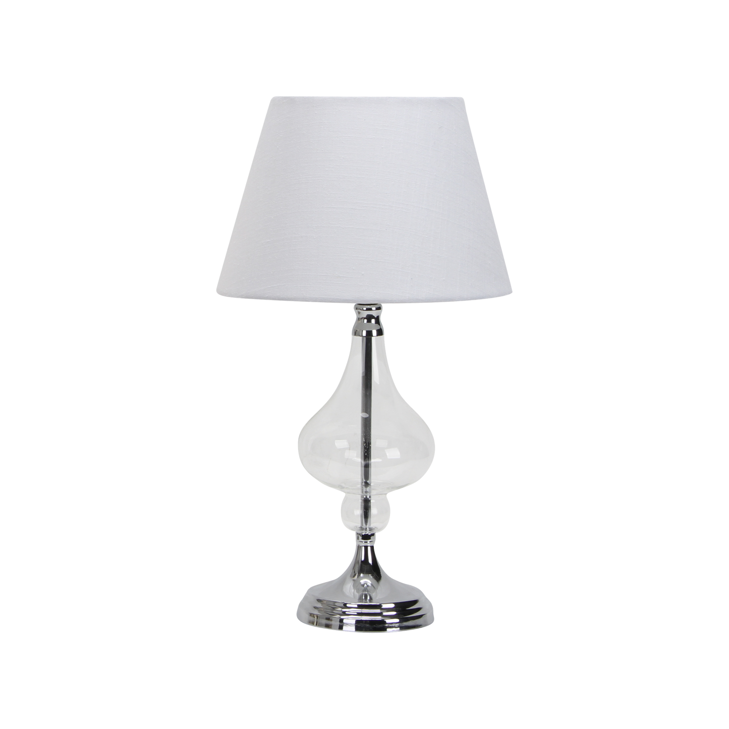 Sobremesa Kriberis fabricada en metal y cristal color cromo con pantalla textil blanca