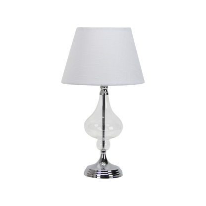 Sobremesa Kriberis fabricada en metal y cristal color cromo con pantalla textil blanca