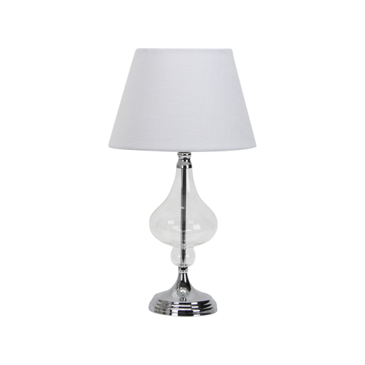 Sobremesa Kriberis fabricada en metal y cristal color cromo con pantalla textil blanca