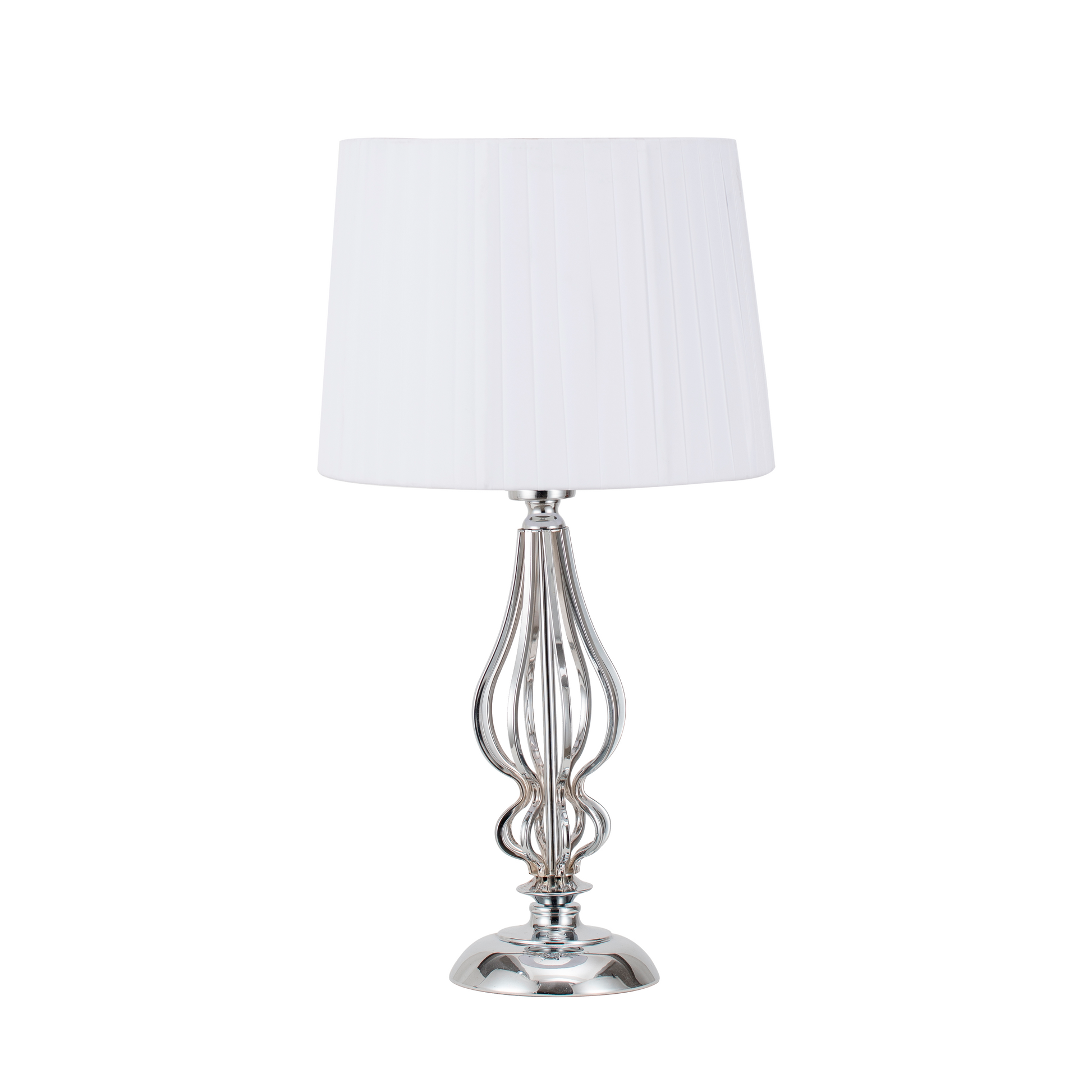 Lámpara Cebrano fabricada en metal color cromo con pantalla textil blanca