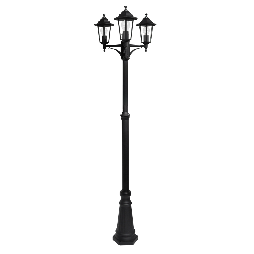 Farola exterior Auriga 3xE27 negra de aluminio, vista frontal.