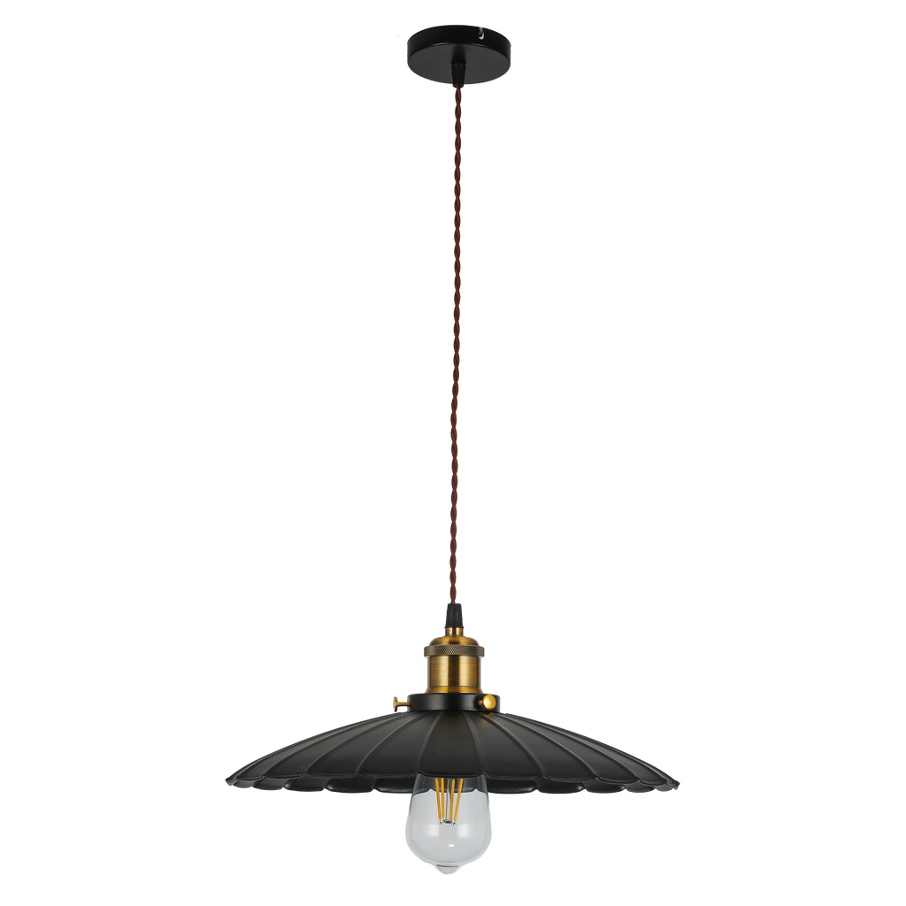 Colgante Garza Negro Oro E27 - Vista frontal, detalle dorado.