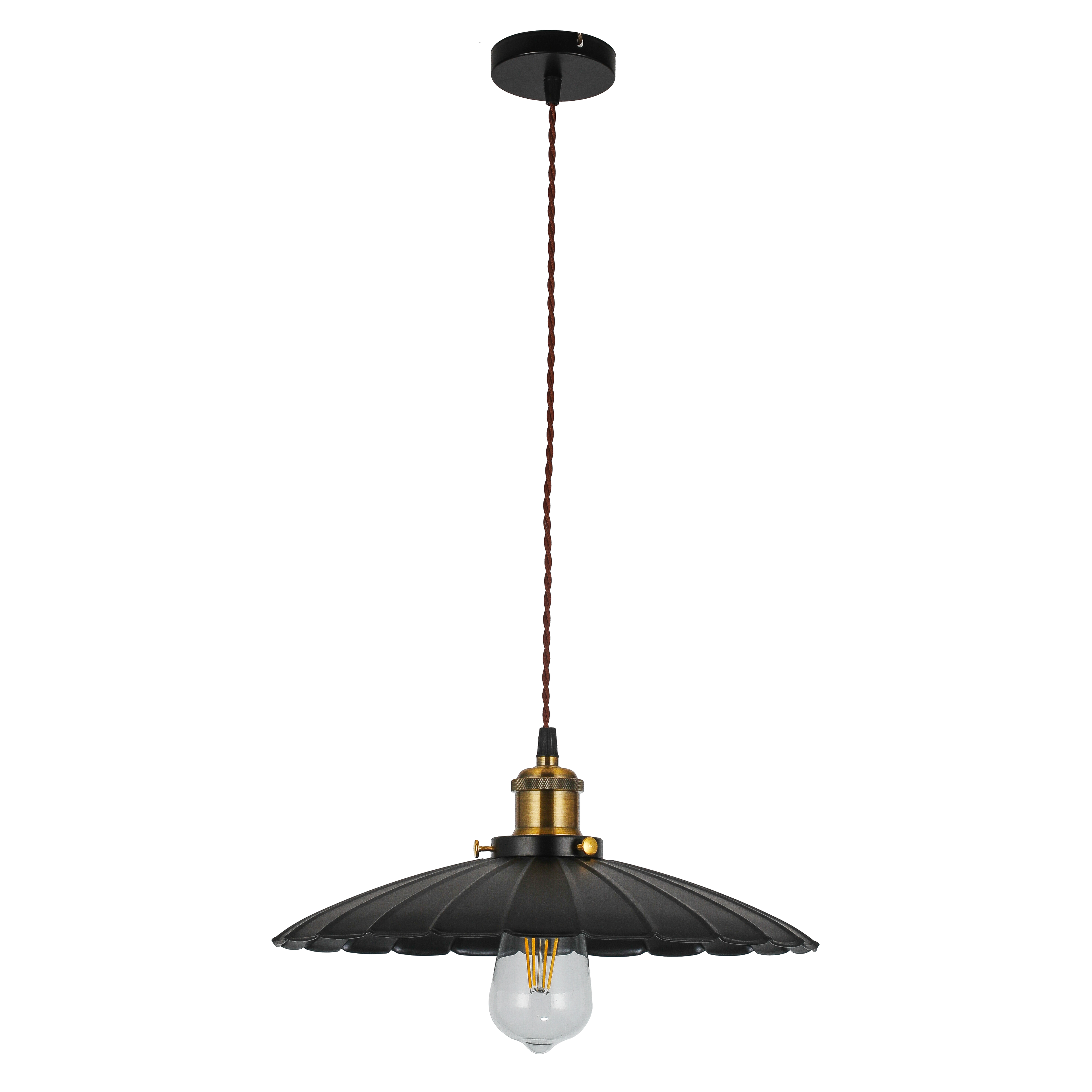 Colgante Garza Negro Oro E27 - Vista frontal, detalle dorado.