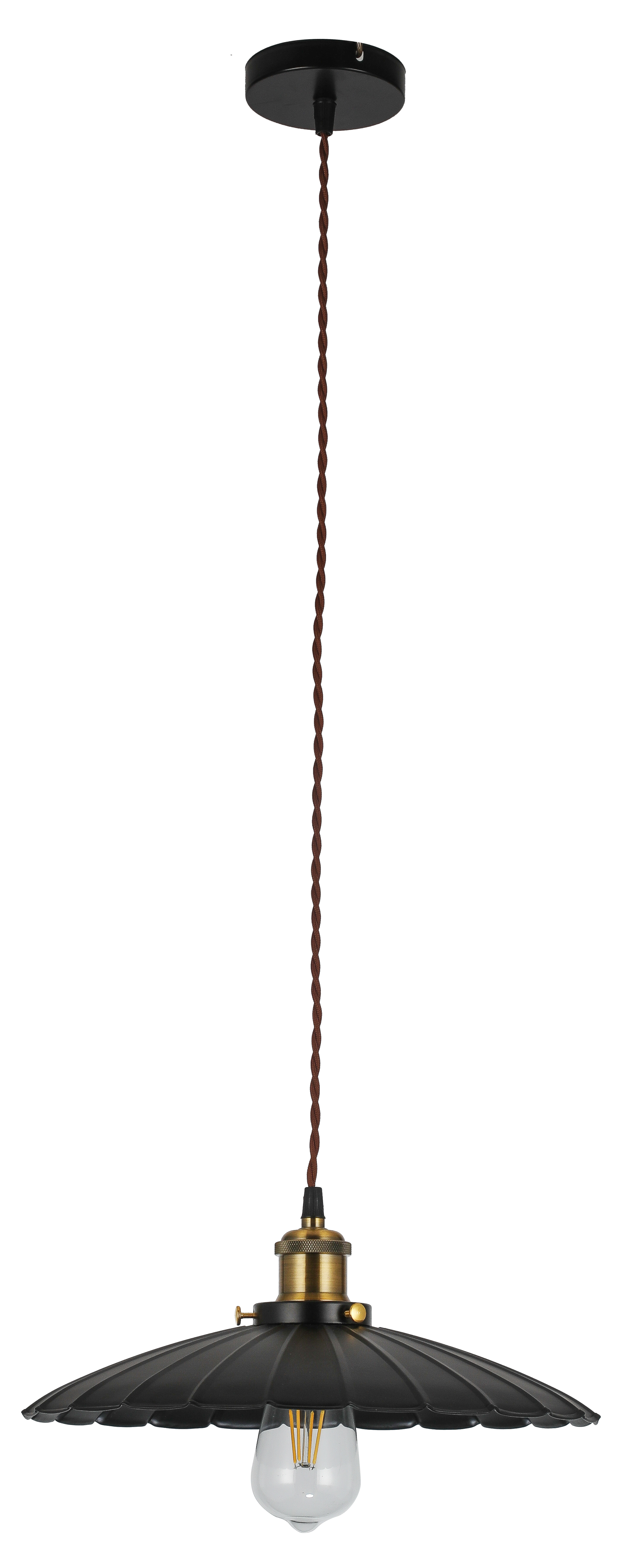 Colgante Garza Negro Oro E27 - Vista frontal, detalle dorado.