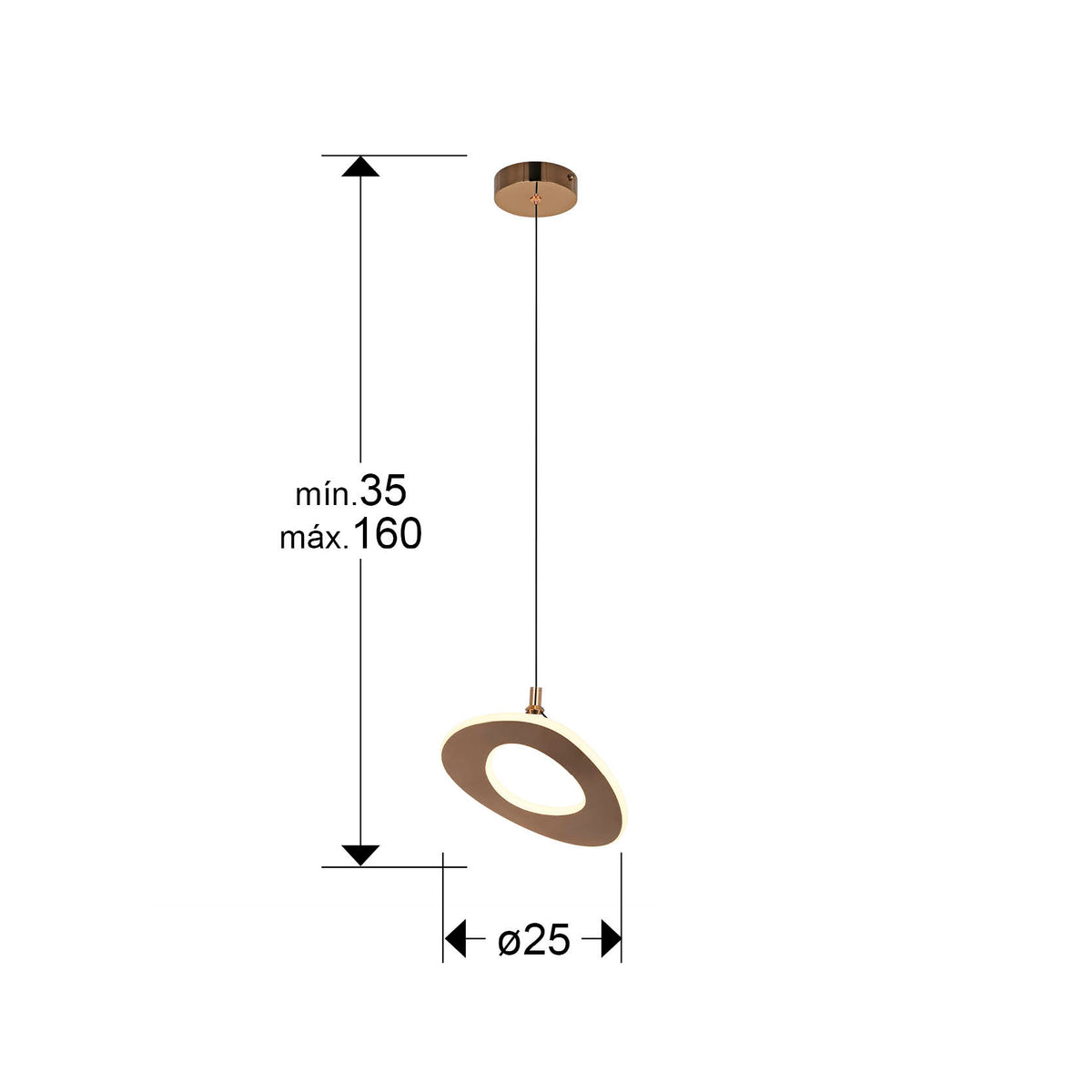 Plano con medidas de Lámpara Colgante Mirena 1 Luz LED 20W Oro Rosa Schuller
