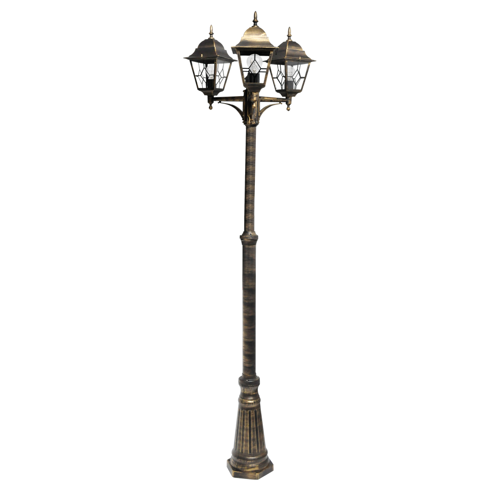 Farola exterior Bootes de aluminio negro y oro, diseño clásico, ideal para exteriores.