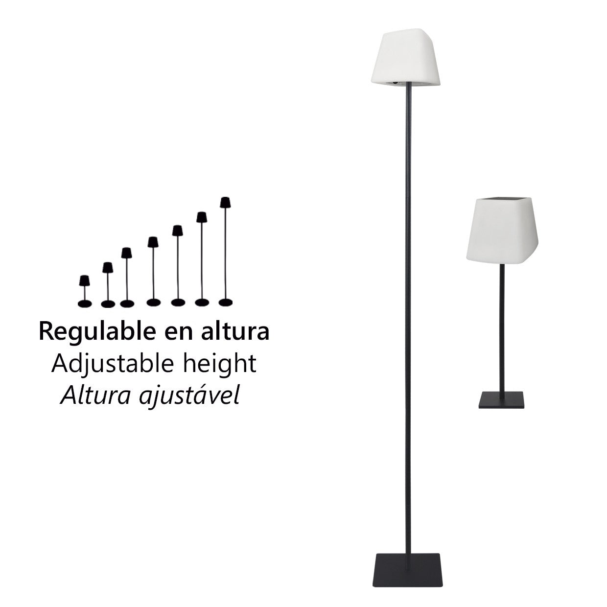 Esquema con dimensiones de la lámpara solar Cube negro ALEMAR