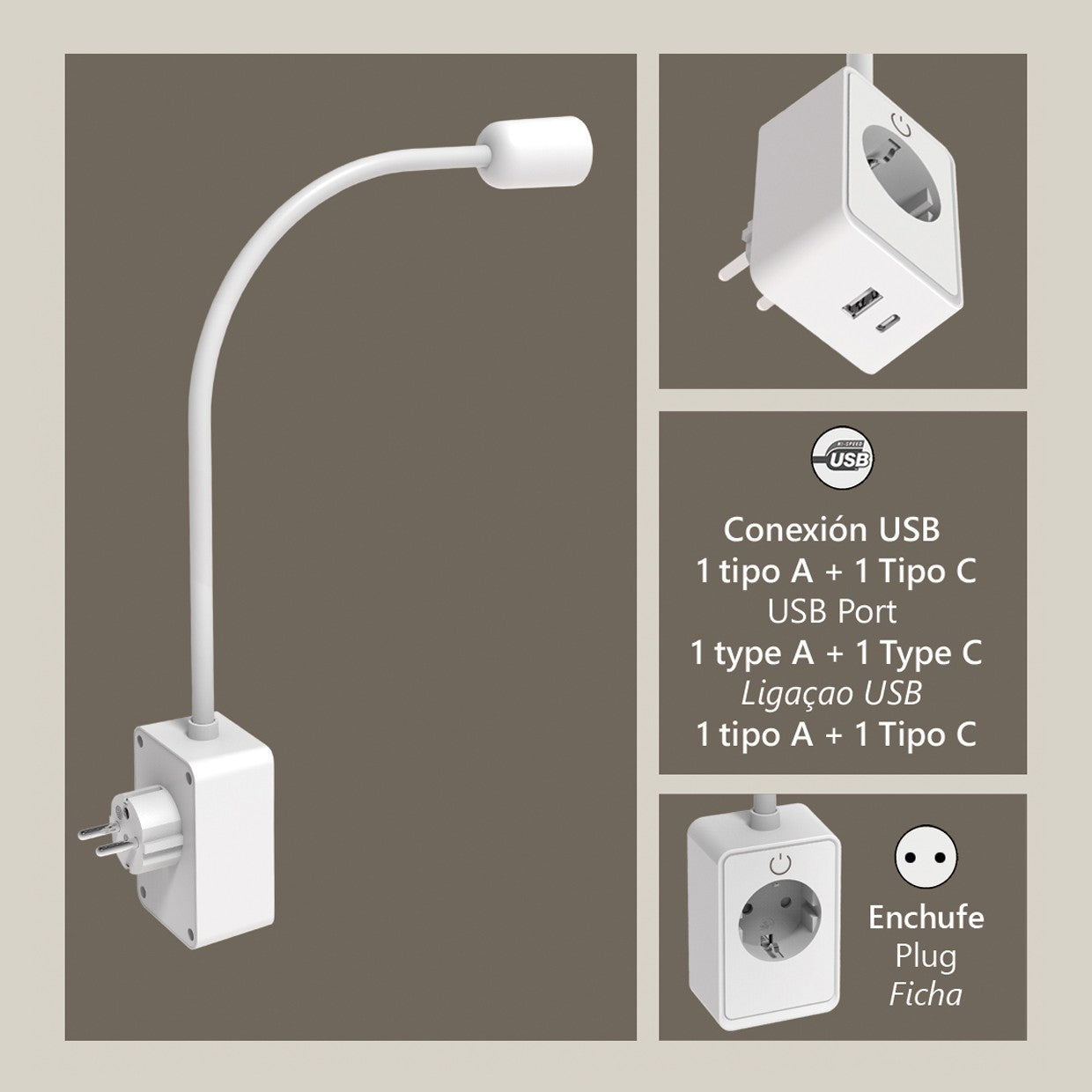 Flexo USB Ant negro de ALEMAR en ángulo lateral mostrando brazo flexible