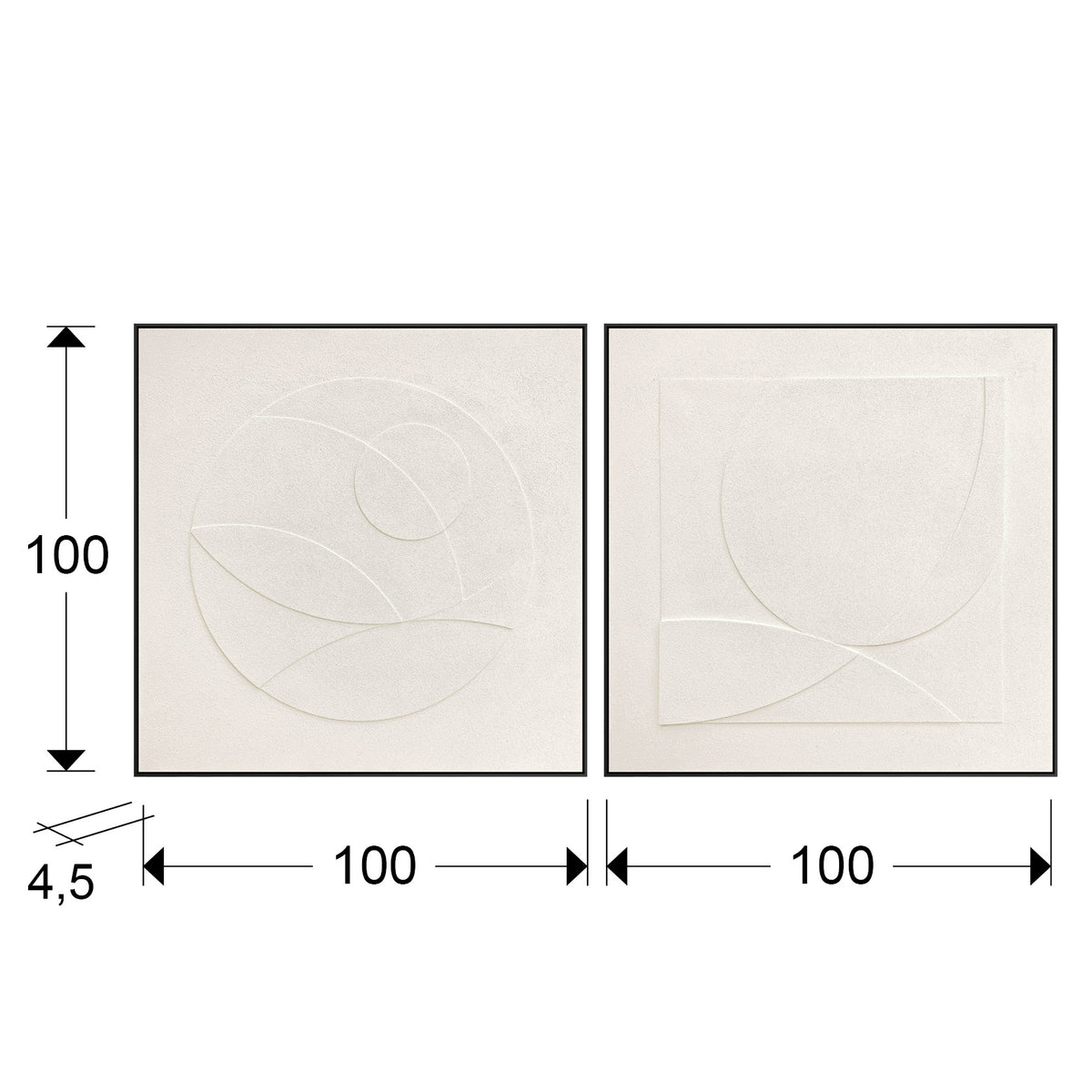 Plano con medidas de Set de Bajorrelieves Decorativos Albos 100x100 cm Marco Negro Schuller