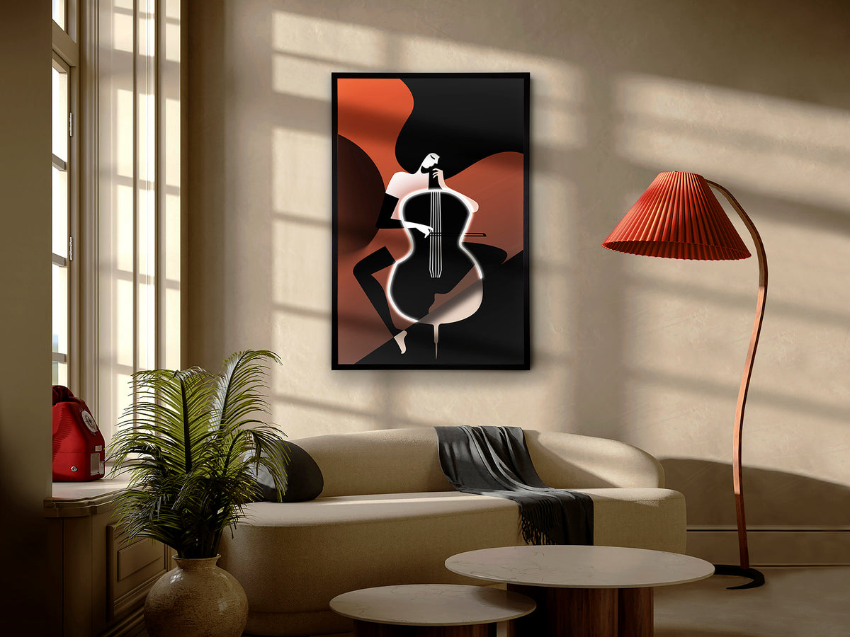 Cuadro con Luz LED Violonchelo 80x120 cm Marco Negro Schuller en ambiente decorado | Schuller