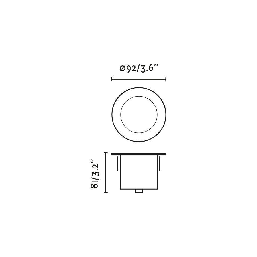 Plano con medidas de Bañador Empotrable de Suelo Exterior GRUND Negro Anodizado 7W 2700K 24V FARO