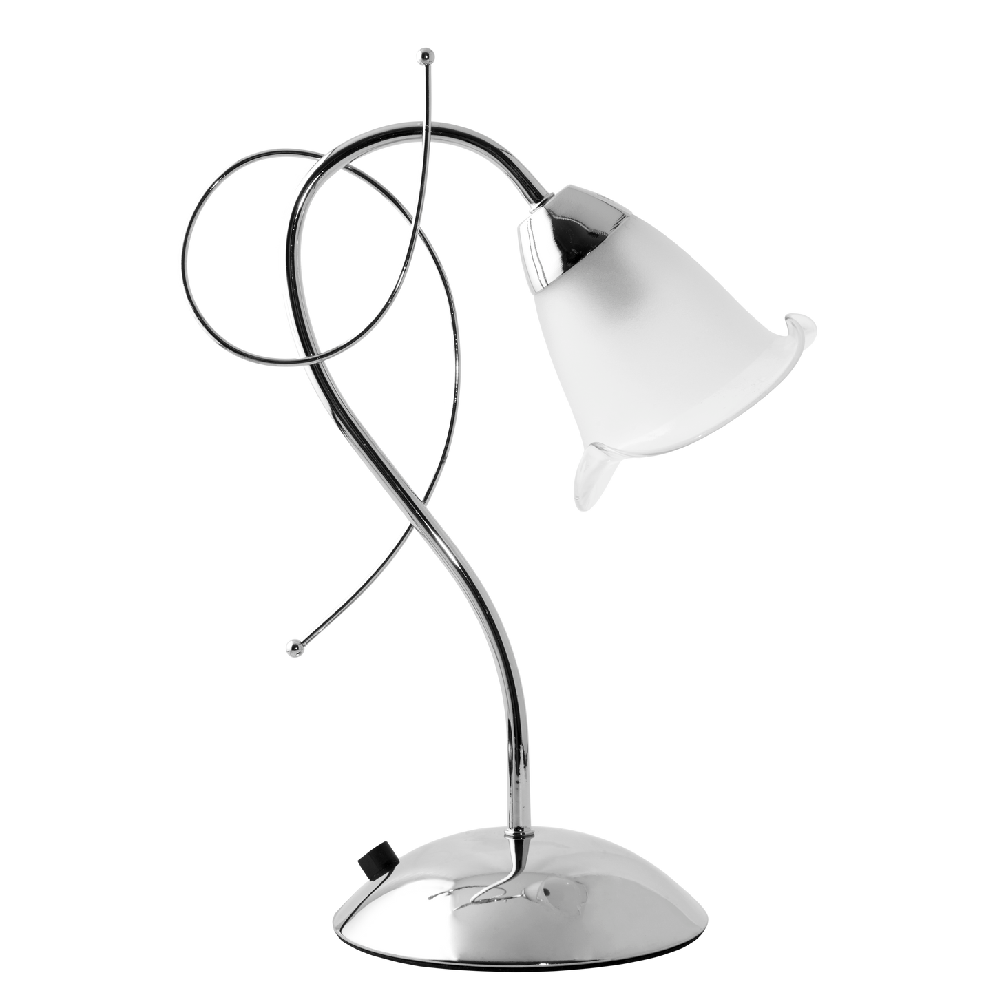 Sobremesa Adelfa fabricada en metal color cromo con tulipa de cristal blanco