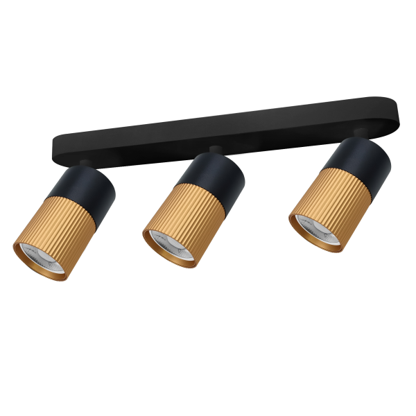 Regleta de 3 focos GU10 de Muñoz e Hijos (focos 70p) en color negro y oro mate, con focos orientables - Ref 70P307.

