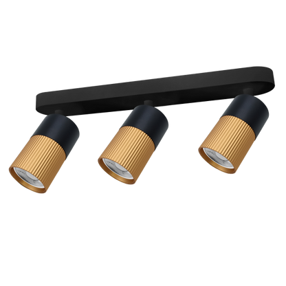 Regleta de 3 focos GU10 de Muñoz e Hijos (focos 70p) en color negro y oro mate, con focos orientables - Ref 70P307.

