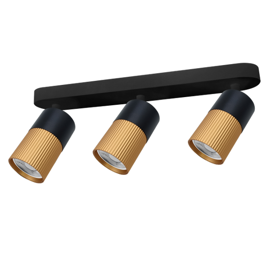 Regleta de 3 focos GU10 de Muñoz e Hijos (focos 70p) en color negro y oro mate, con focos orientables - Ref 70P307.

