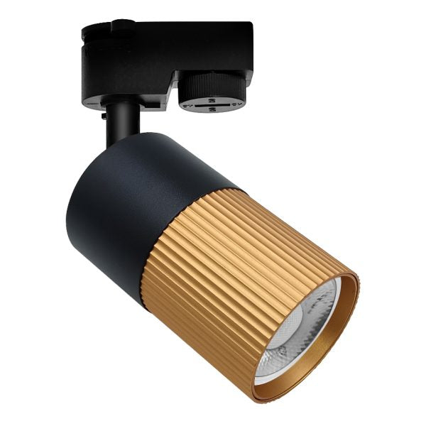 Foco de carril monofásico GU10 de Muñoz e Hijos (focos 70p) en color negro y oro mate con diseño estriado en la base - Ref 70T107.

