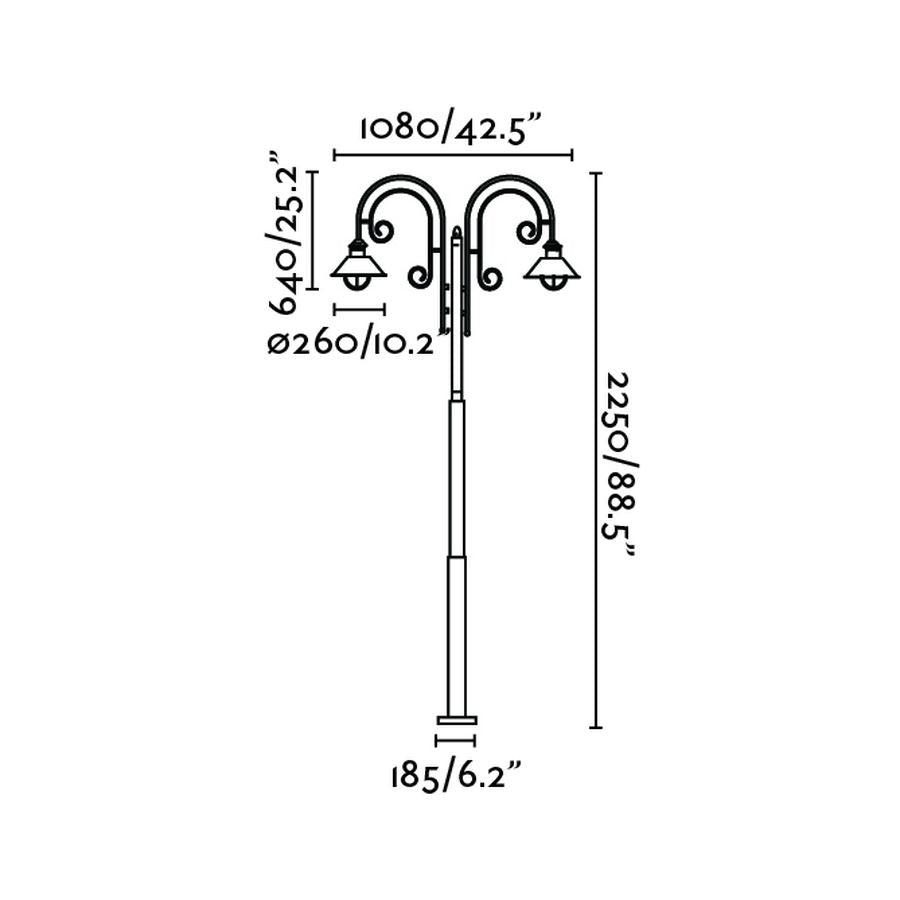 Plano con medidas de Farola de Exterior Náutica 2L Clásica Marrón Óxido 225 cm FARO
