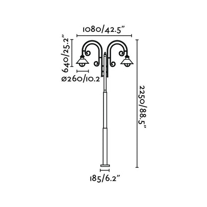 Plano con medidas de Farola de Exterior Náutica 2L Clásica Marrón Óxido 225 cm FARO