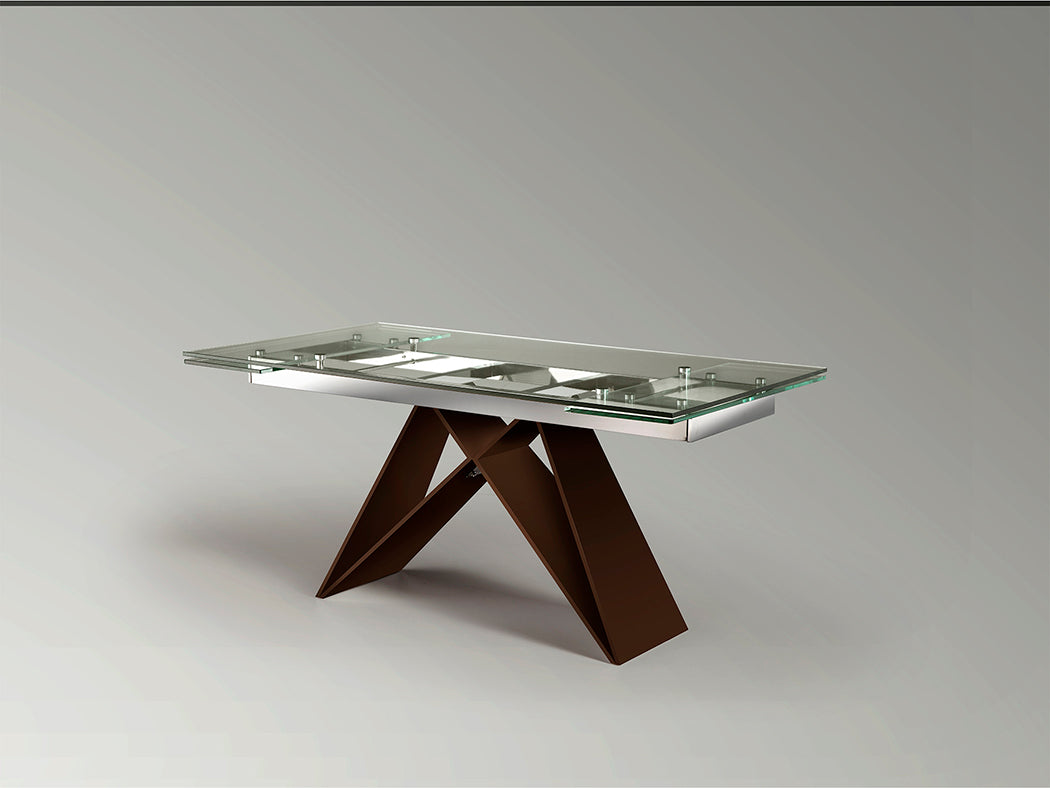 Mesa de Comedor Extensible Mika de Schuller (Mika) con base marrón óxido y tapa de cristal - Ref 713023 cerrada

